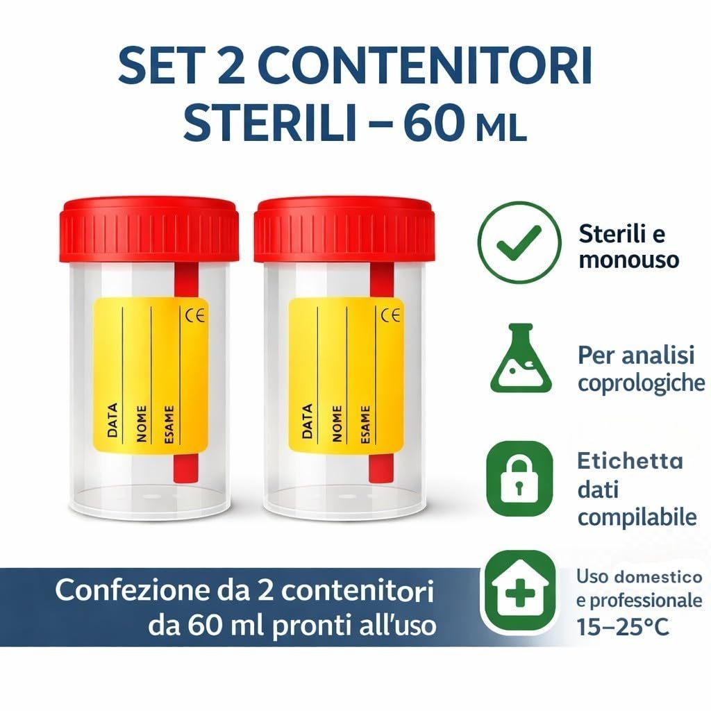 Topolenashop 2 Contenitori Sterili per Feci 60 ml con Cucchiaino, Tappo Ermetico ed Etichetta – Barattoli Raccolta Campioni Monouso per Analisi Coprologiche, Made in Italy 578943