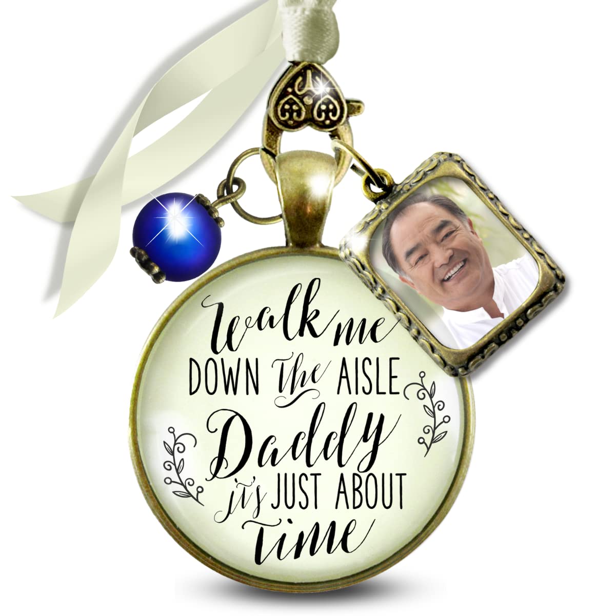 Memorial Wedding Bouquet Charm Walk Me Down Aisle Daddy Vintage Bronze Jewelry Cream Glass Pendant Something Blue Bead 1 Frame Loving Keepsake Memory of Dad Ties to Bride's Flowers DIY Photo Template