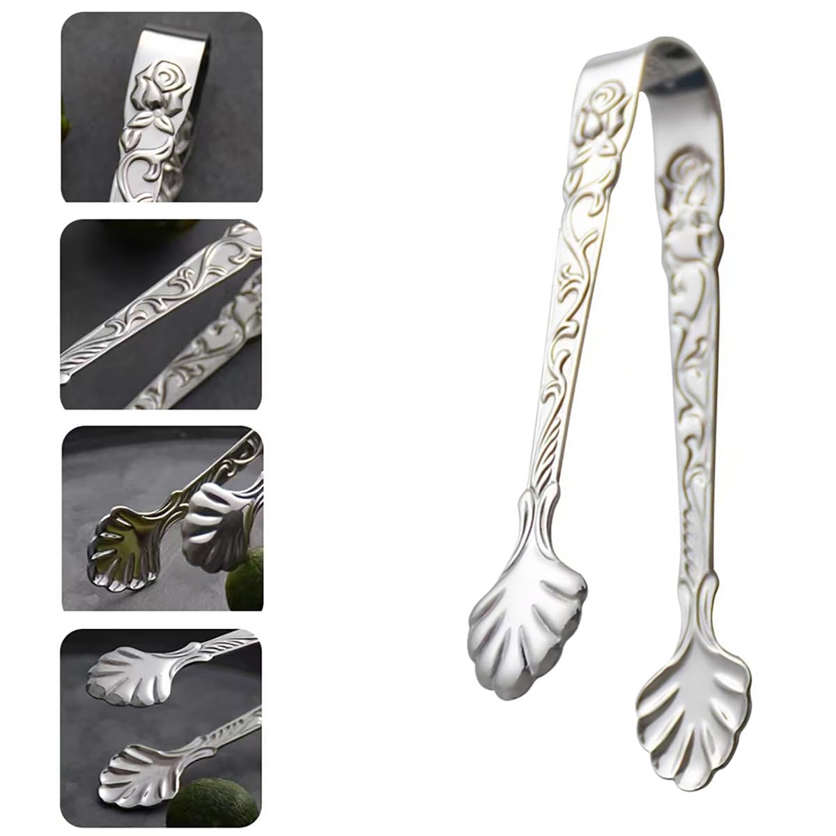 2 pinzas de acero inoxidable con diseño de rosa en forma de U, mini pinzas de hielo para fiesta de té, cafetería, bar (plateado) 3