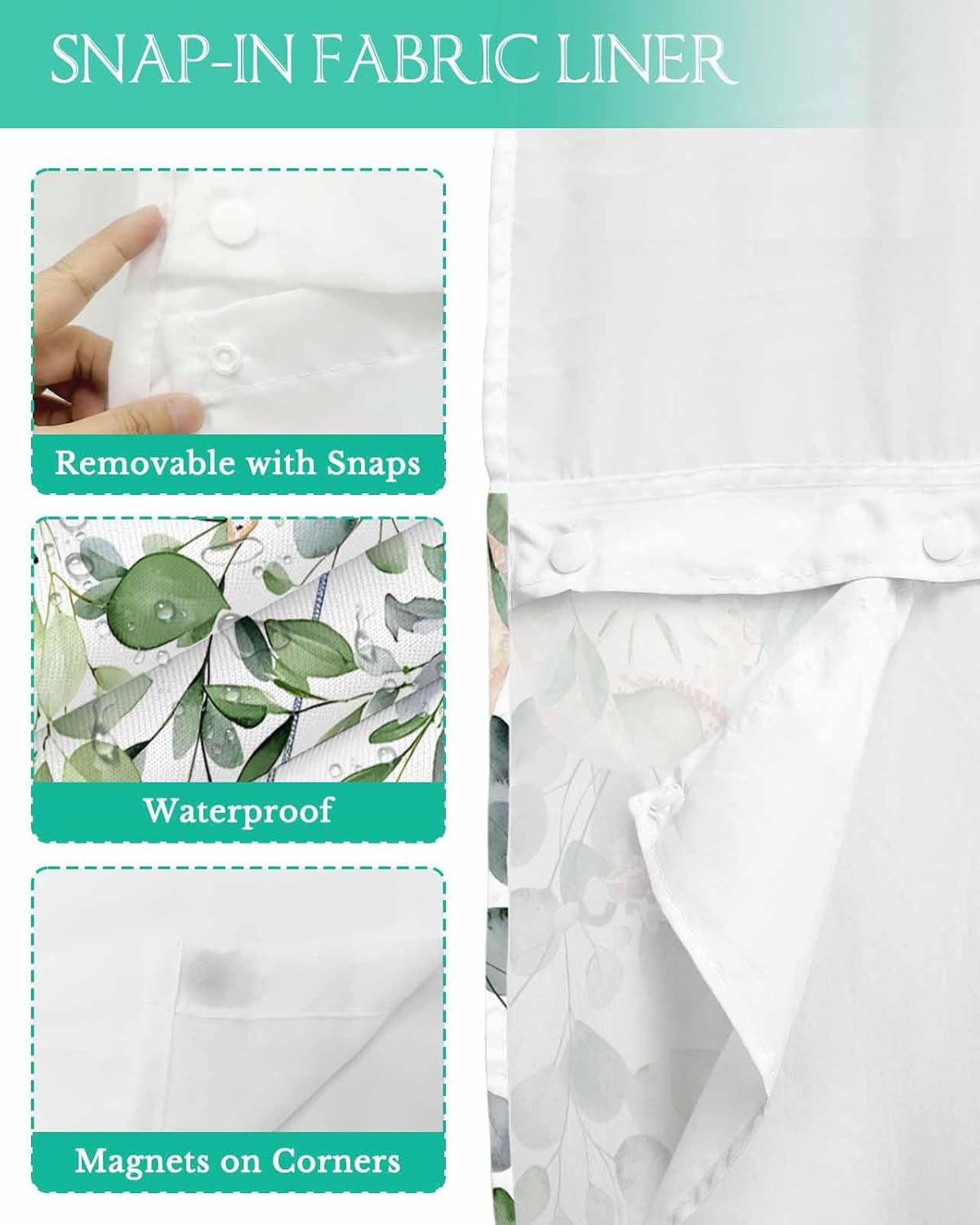 Double Fabric Shower Curtain with Liner Eucalyptus Leaf No Hook Shower Curtain and Liner Set for Bathroom,Snap-in Waterproof Inner Shower Curtain with See Through Window, 72x78, Summer Plant Green