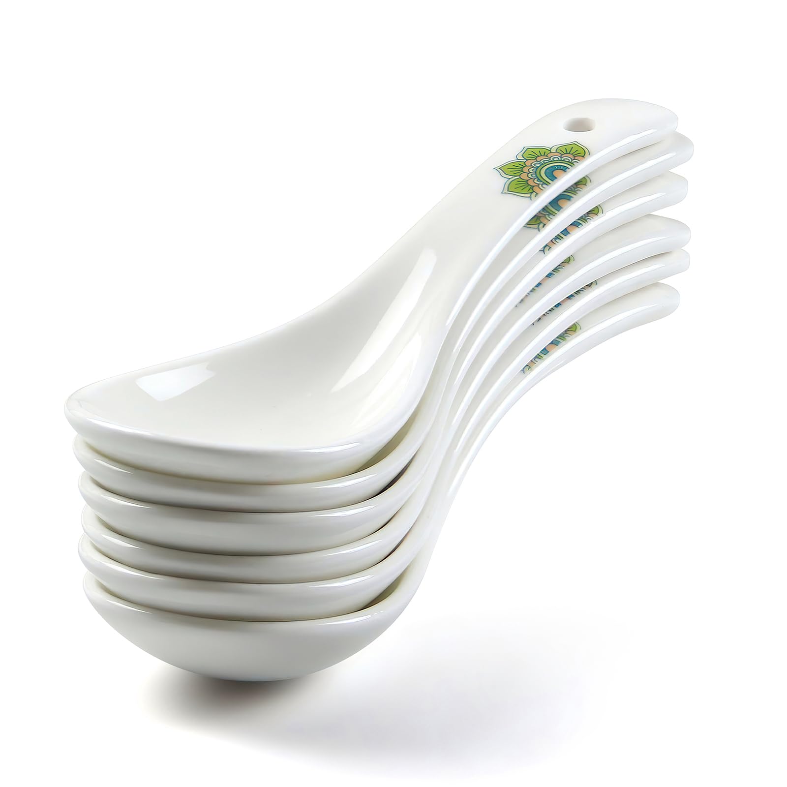 Suppenlöffel, 14 cm, asiatische Suppenlöffel, Keramik, chinesische Suppenlöffel, weiße Keramik, Dessertlöffel, Reislöffel für Ramen, Pho Wonton, Knödel, Miso, spülmaschinen- und ofenfest, 6