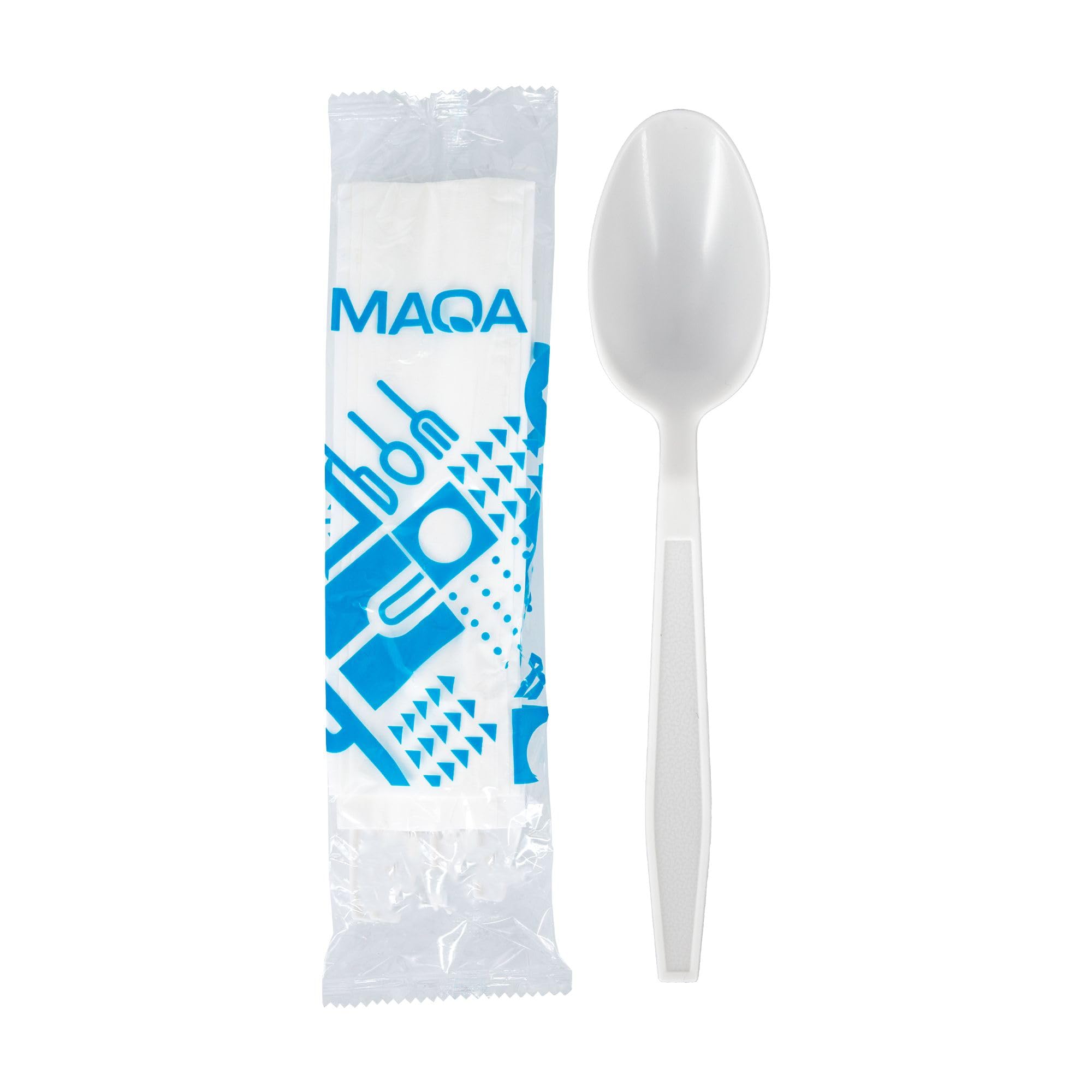 Maqa Kit 100 pz Cucchiaio e Tovagliolo 2 Veli – Posate Monouso Imbustate, Plastica Rigida Riutilizzabile, 100% Riciclabili