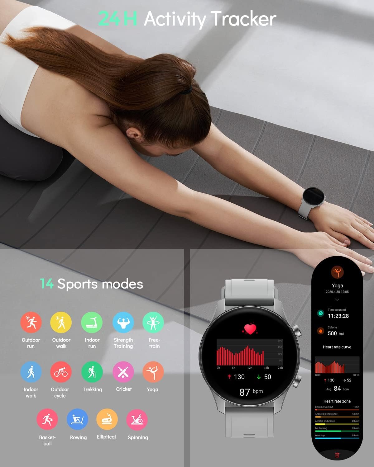Deeprio Smart Watch 1.2" AMOLED Always-on Display 3ATM Waterproof for Android Phones and iPhone Compatible Samsung Men Women Heart Rate Blood Oxygen Monitor Smartwatch Fitness Tracker Grey