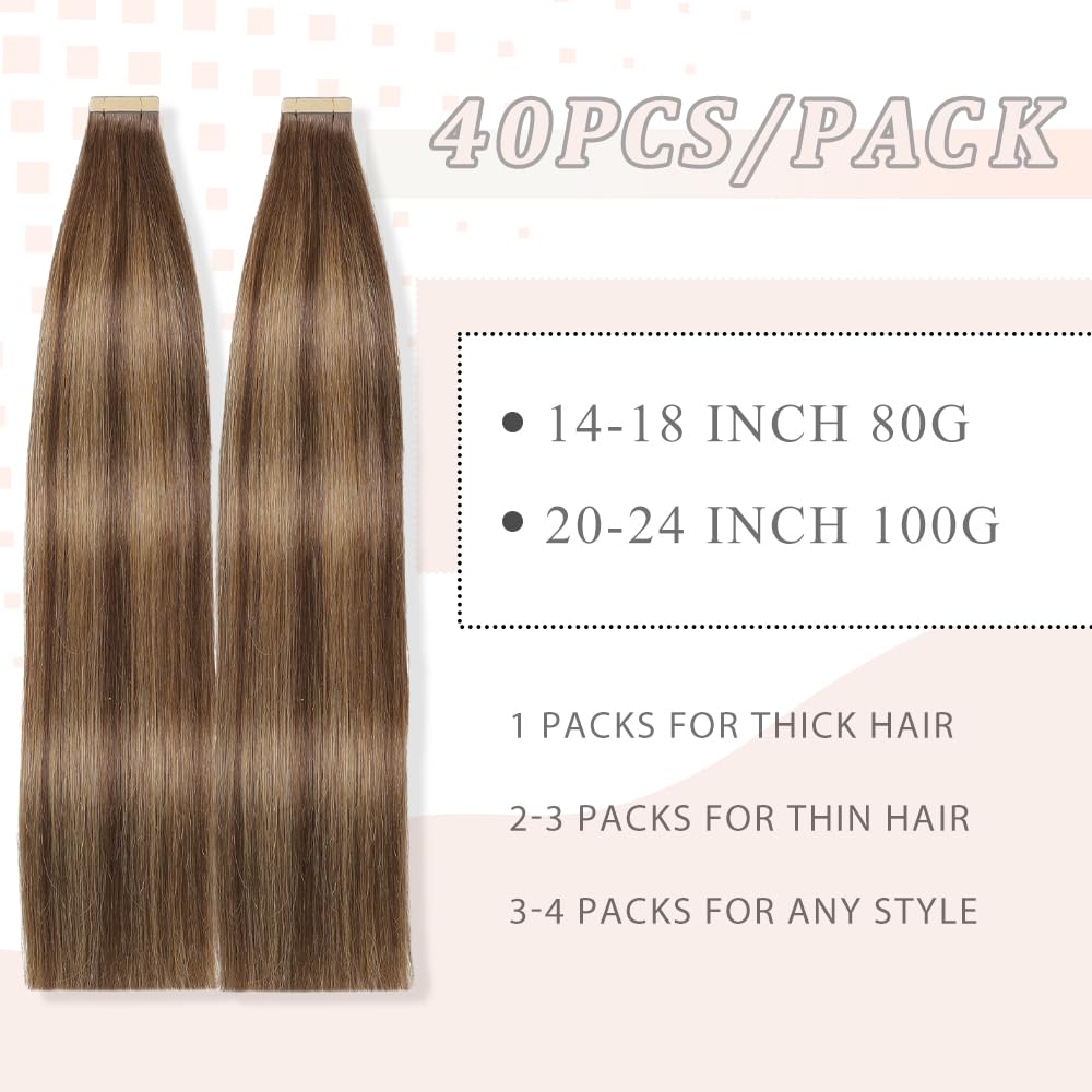 YDDM Tape Extensions Echthaar Goldbraun 40pcs 50cm 100g Schokoladenbraun mit Karamellblond Remy Invisible Tape in Extensions Echthaar Seidig Gerade Tapes Ins Haarverlängerung(20Zoll,4/4/27#)
