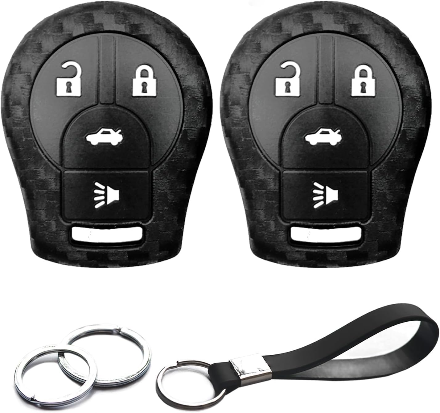 2pcs Compatible with Nissan 350Z Altima Armada Cube Juke Maxima NV1500 NV200 NV2500 NV350 Urvan NV3500 Quest Rogue Sentra Versa Note Infiniti Carbon Fiber Looks Key Fob Cover Case Keychain