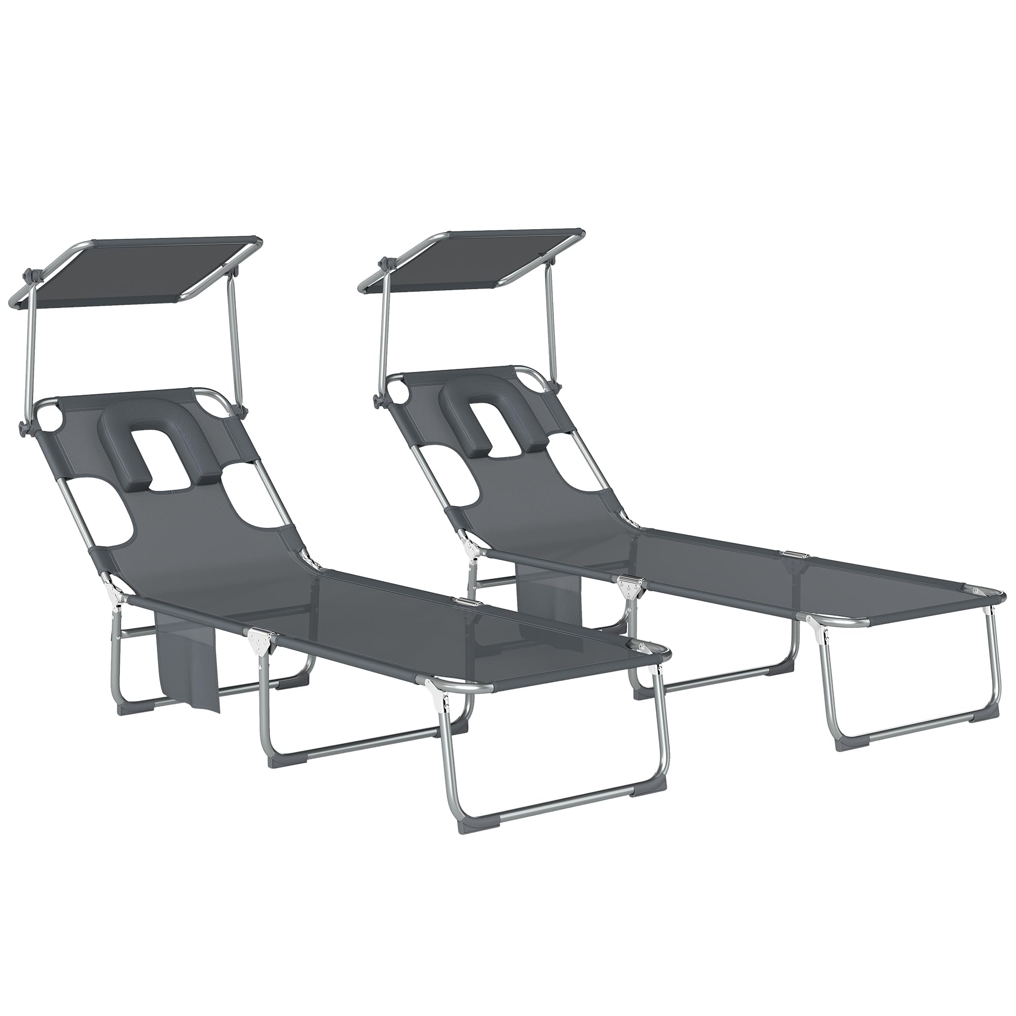 Outsunny Set de 2 Tumbonas Jardín Exterior, Tumbonas Plegables con Reposacabezas, Dosel 360°, Orificio Facial, Bolsillo Lateral, Respaldo Reclinable 5 Posiciones y Textilene 550 g/m² para Playa, Gris