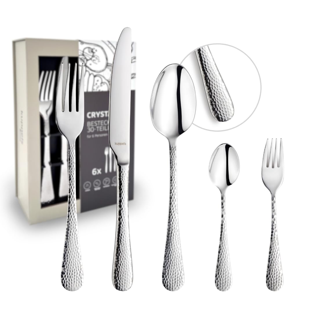 Kuppels CRYSTAL Besteck Set 30-tlg, 6 Personen, Hammerschlagoptik | rostfrei, spülmaschinenfest, poliert, 18/0 Edelstahl, Menümesser, Menügabel, Kaffeelöffel, Kuchengabel
