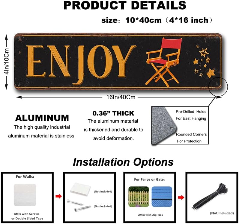 Decorative Tin Signs Retro Enjoy Director Chair Star Design Distressed Movie Theater Style Aluminum Rustproof Corrosion Resistant for Home Theater Living Room and Entertainm 4 * 16 Inches image 3