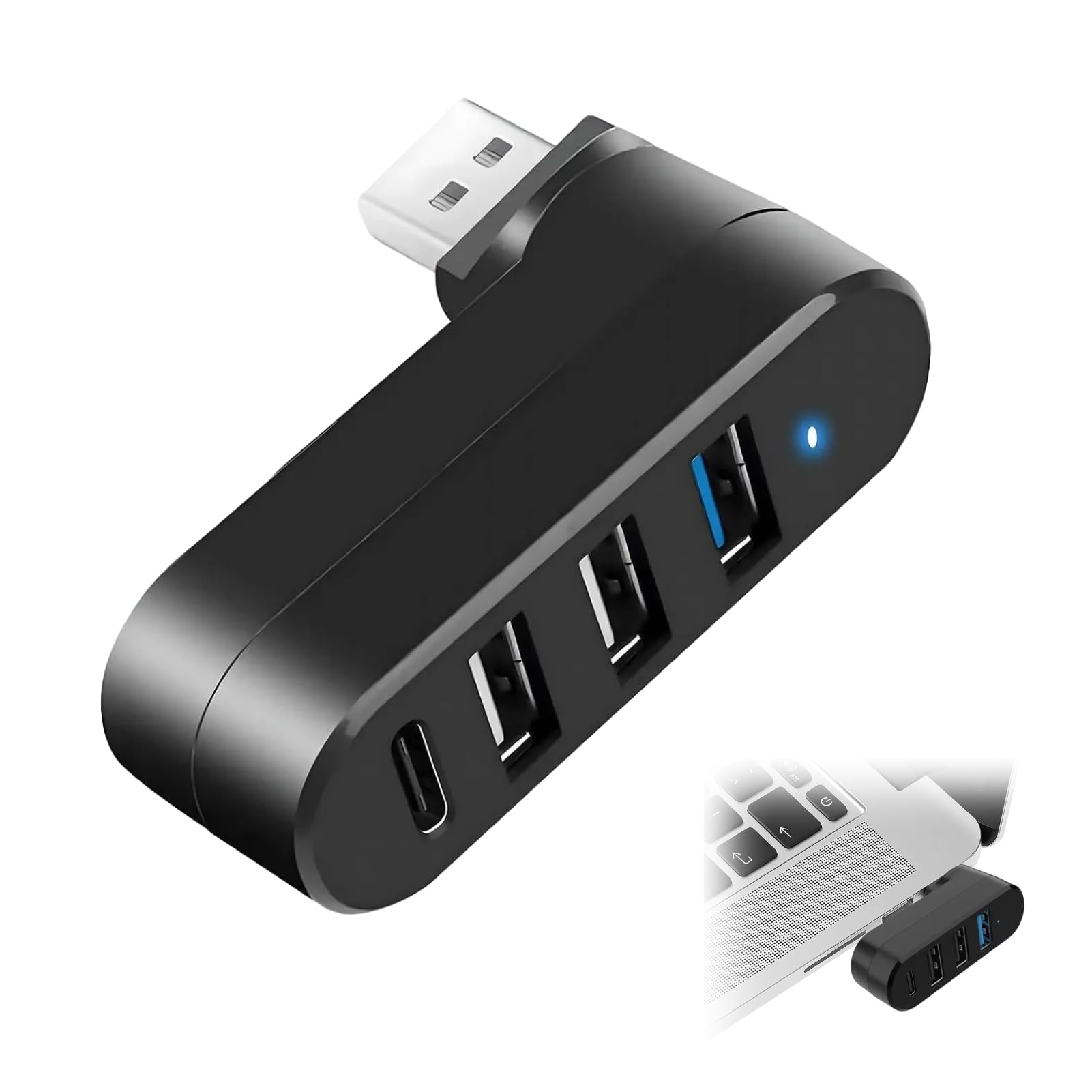 Mini Hub USB z 4 portami USB 3.0 i USB C, obracany o 90°/180° rozdzielacz USB, mini hub kompatybilny z laptopami, komputerami PC, MacBook, samochodem, przenośnym rozdzielaczem laptopa do