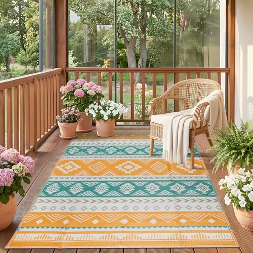 Outdoor Rug 5x8 ft Waterproof Reversible Plastic Straw Patio Camping Rug Portable Indoor Outdoor RV Mat Carpet for Deck Camper Porch Balcony Backyard Picnic Yellow