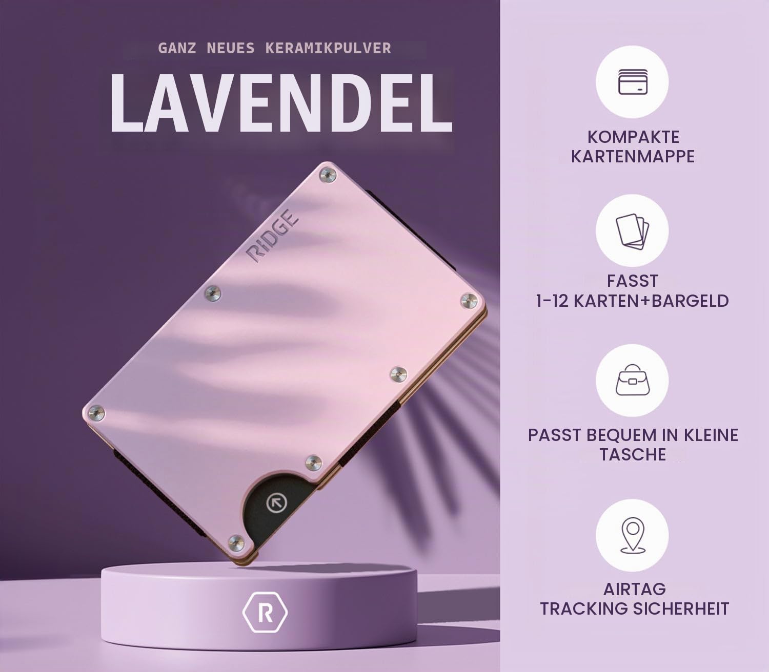 The Ridge Minimalistische schlanke Geldbörse für Damen – RFID-blockierende Fronttasche Kreditkartenetui – Metallgeldbörse für Frauen mit Geldklammer, Lavendel, Minimalist, Geldklammer