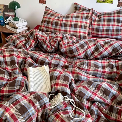 Image of EAVD Vintage Red Brown Buffalo Plaid Duvet Cover Queen 100% Wasehd Cotton Plaid Bedding Set with Grid Checkered Pattern Farmhouse Gingham Duvet Cover with Zipper Closure 2 Pillowcases for All-Season