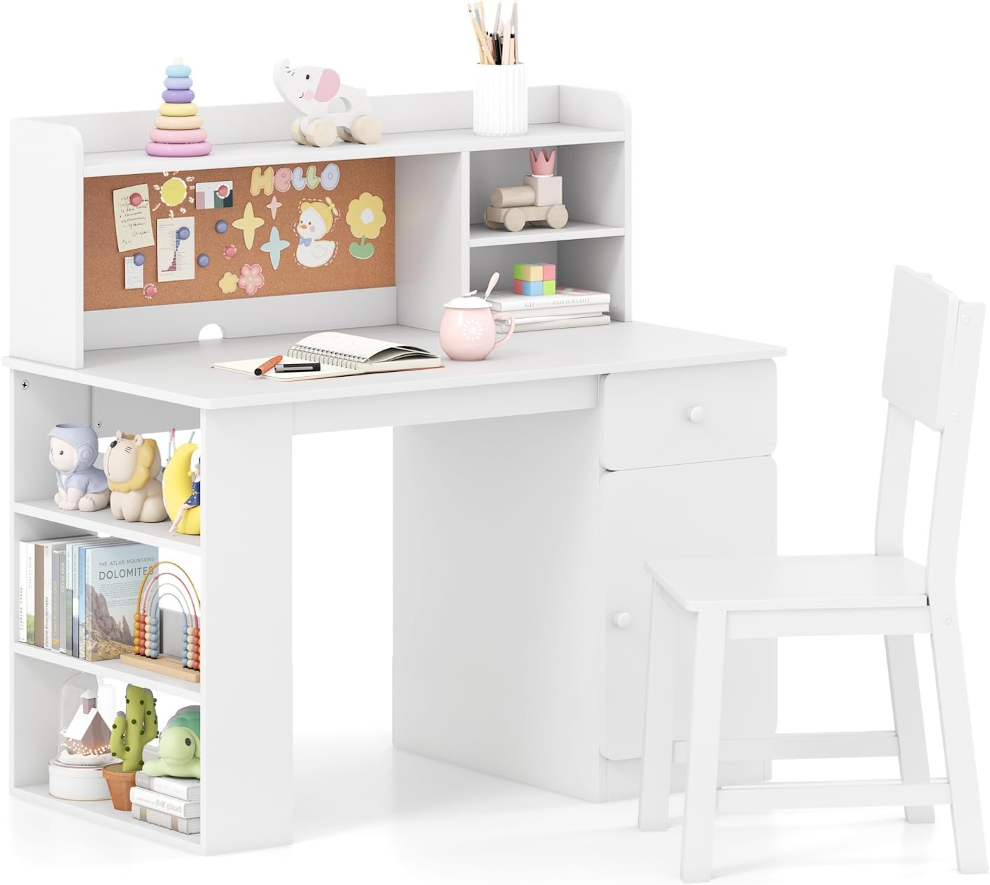 HONEY JOY Kids Desk and Chair Set, Large Wooden Children School Study Table and Chair w/Drawer, Hutch, Storage Shelves, Student Writing Desk Computer Workstation for Bedroom, 7+ Years Old (White)