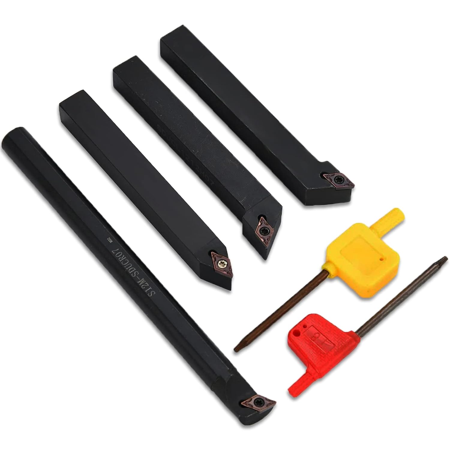4PCS Mini Metal Lathe Indexable Carbide Turning Tool Holder Bit Set with 4PCS DCMT21.51 Carbide Inserts,Lathe Cutting Tools,Tool Holder for Stainless Steel