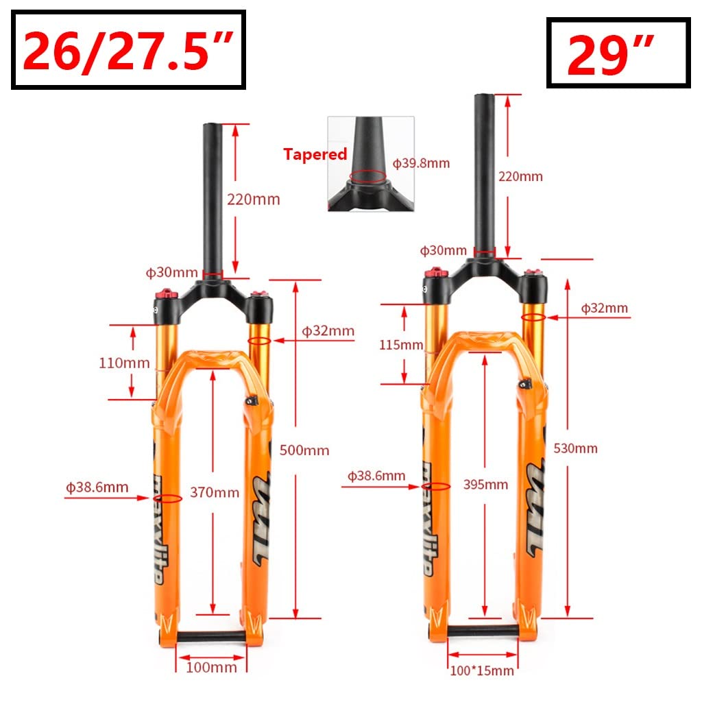 Horquilla Delantera de montaña para Bicicletas de 26", 27,5" y 29", Amortiguador de Aire, Recorrido de 100 mm, Eje pasante de 100x15 mm, Tubo Recto de 1-1/8" y Tubo cónico de 1-1/2