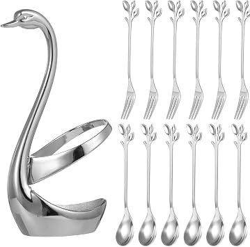 13 Pieces Spoon and Fork Set with Silver Swan Base, Stainless Steel 4.7-inch Coffee Spoons Forks with Silver Small Swan Base Holder Set, Dessert Tea Spoon Set