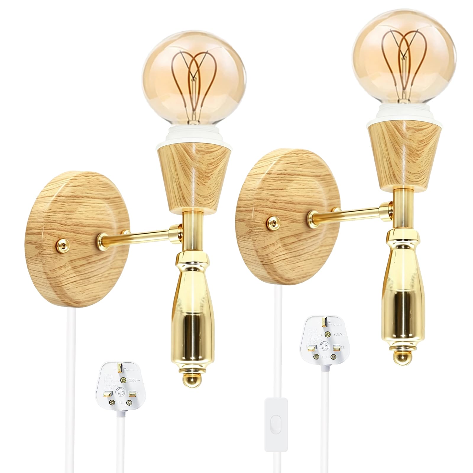 LAKONEI Vintage Industrial E27 Wall Sconce, Plug in Wall Light Set of 2 with Switch, Gold T-Shape Arm, Brown Grain Metal Base, 220cm Cable Wall Lamp for Bedroom Living Room Hallway (No Bulb)
