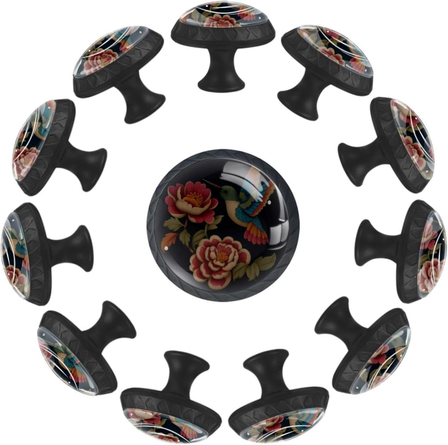 Black Base Hummingbird and Flower Decorative (2) Pattern Cabinet Knobs, Modern Decorative Drawer Knobs for Furniture Hardware, Easy Install for Kitchen Cabinet