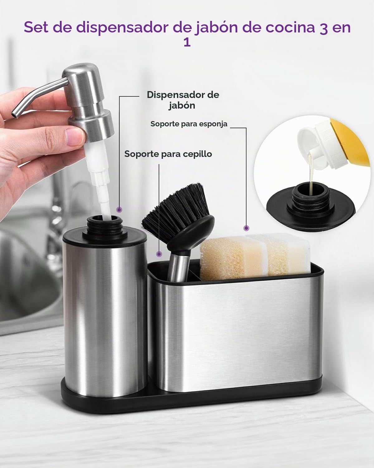 ODesign Set de dispensador de jabón de Cocina 3 en 1, dispensador para Platos de Acero Inoxidable con Soporte para Esponja, Cepillo y Soporte, Organizador para Fregadero, antióxido y Antideslizante