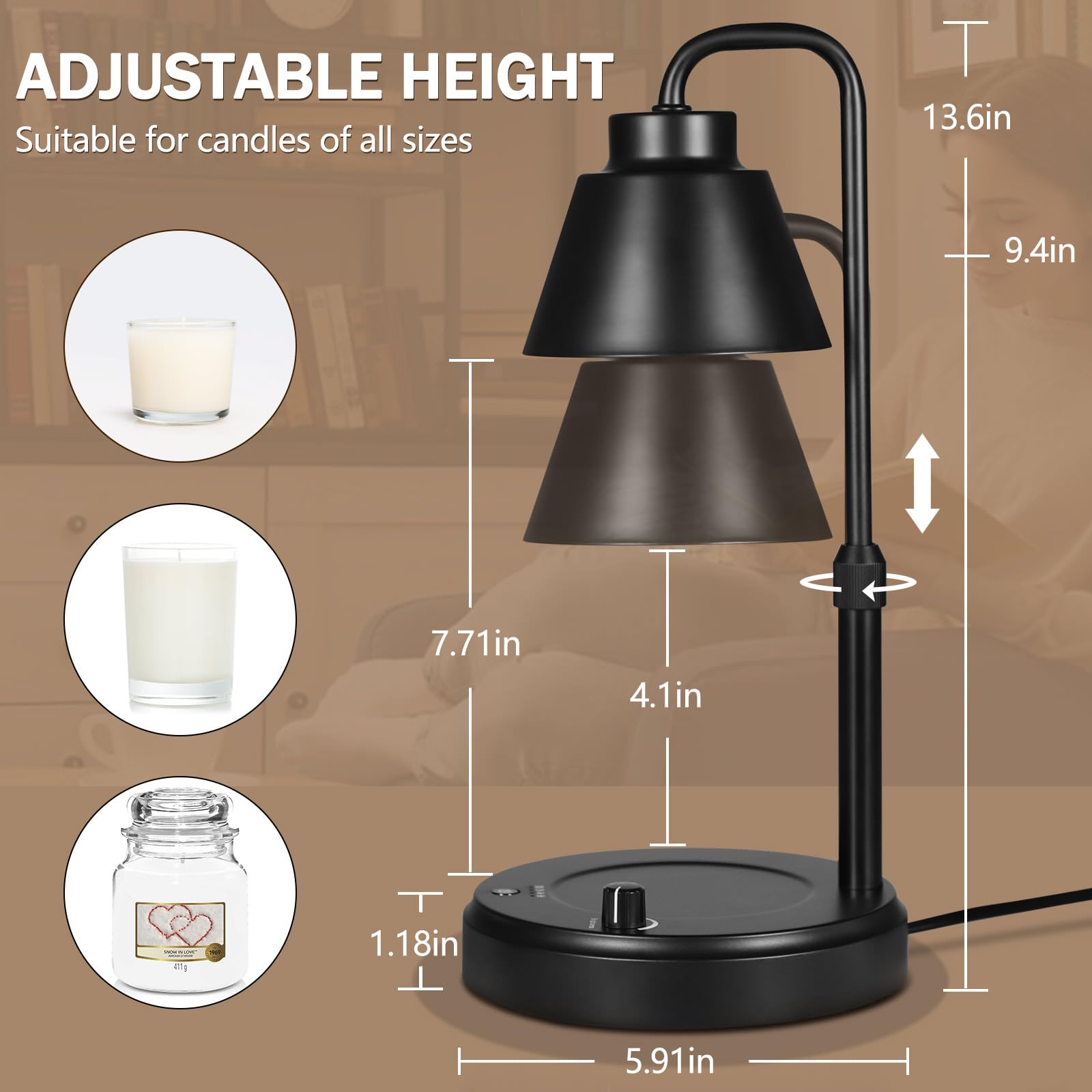 HORUSLY Candle Warmer Lamp with Timer, Candle Warmer Lamp Adjustable Height Dimmable Top Wax Warmer Lamp for Jar Candles Candle Melting Warming Lamp Home Decor Candle Warmer Light with 2 Bulbs