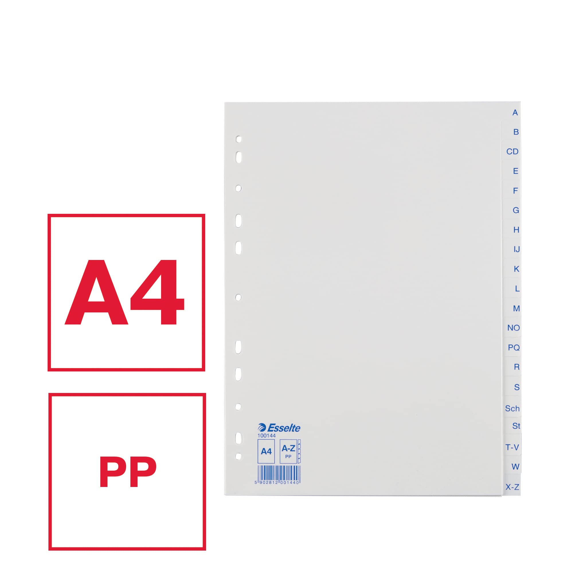 Esselte przekładki na format A4, 20 przekładek, zakładki z alfabetycznym nadrukiem A-Z, niebiesko-białe, wytrzymałe tworzywo sztuczne, 100144