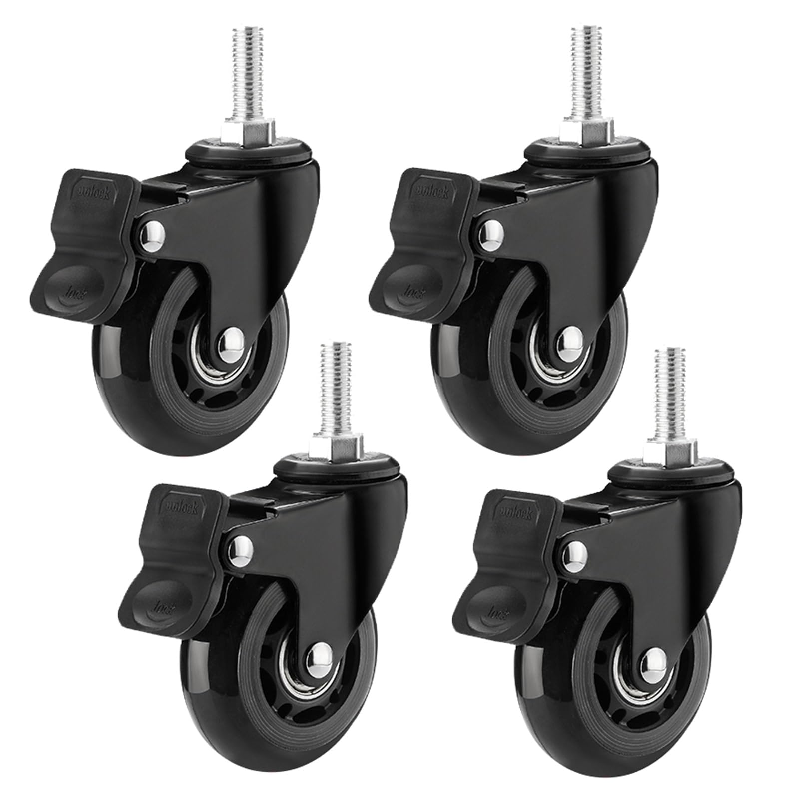GBRJUYF Heavy Duty 2.5" Threaded Stem Casters Set of 4, M8x25mm & M10x25mm, Rubber Swivel Wheels, 150KG Load Capacity, Ideal for Furniture & Carts, 4 Braked, Black
