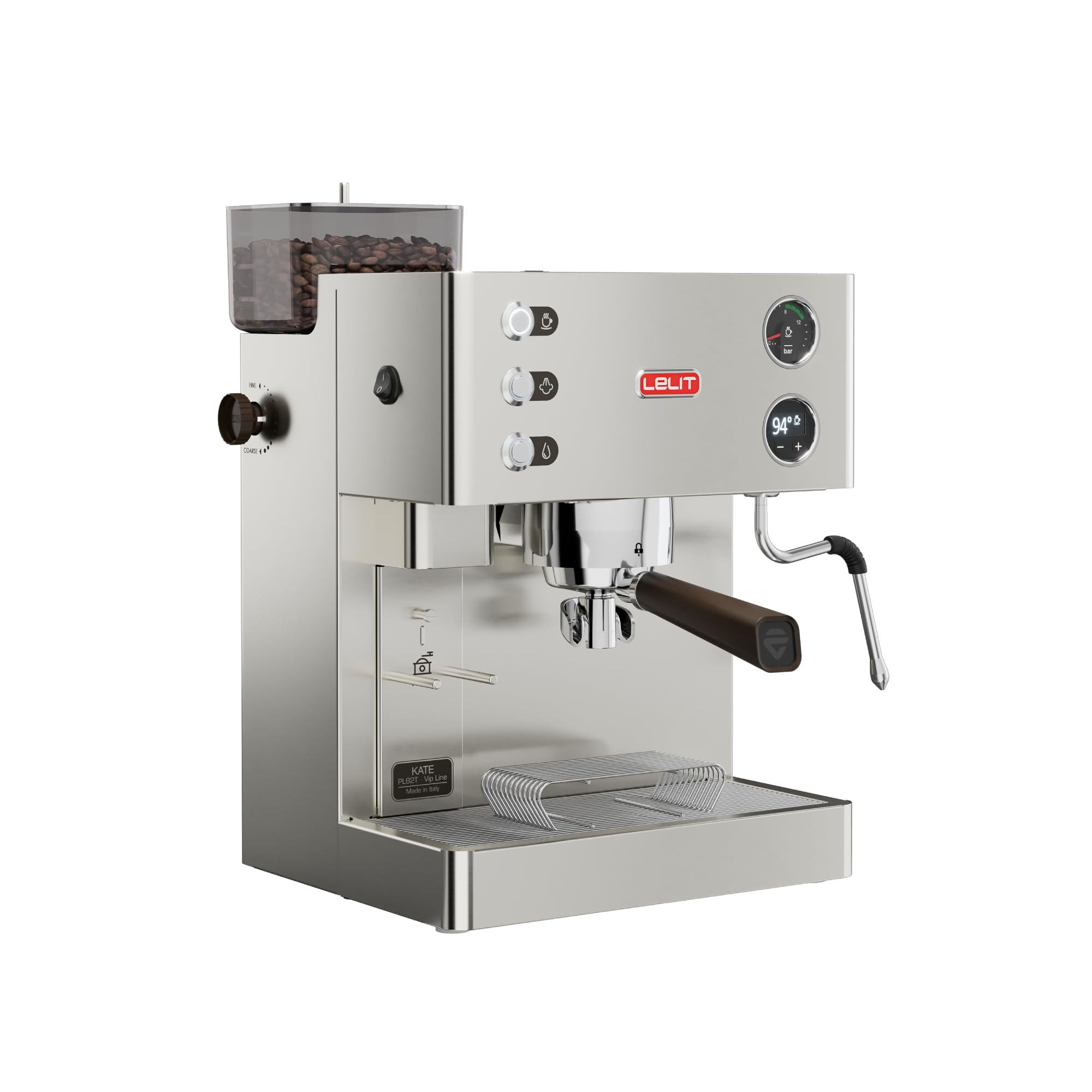 Lelit Kate Máquina de Café - Con Espumador de Leche & Molinillo de Café Integrado - Pantalla LCC para el Control de Parámetros - PL82T - Acero Inoxidable Cepillado