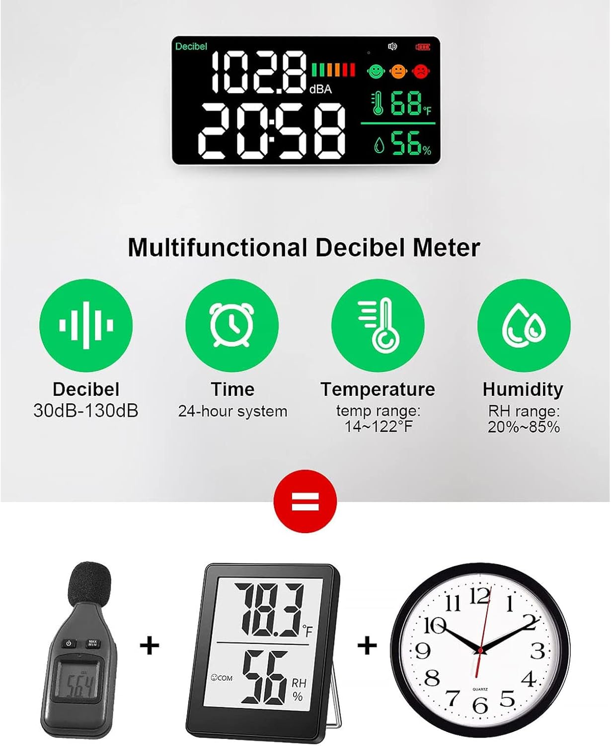 Diydeg Decibel Meter Sound Level Reader, 4 in 1 11 inch Large LED Display Wall Mounted Noise Decibel Reader Meter, Noise Temperature Humidity Meter for Home Studio Factory Classroom
