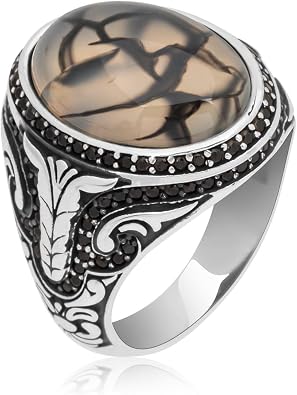 Silver Ring With Stone For Men, Agate Aqeeq Men Ring, Men Silver Ring 925 With Stone, White Stone Ring For Men, Turkish Ring, Gemstone Mens Ring