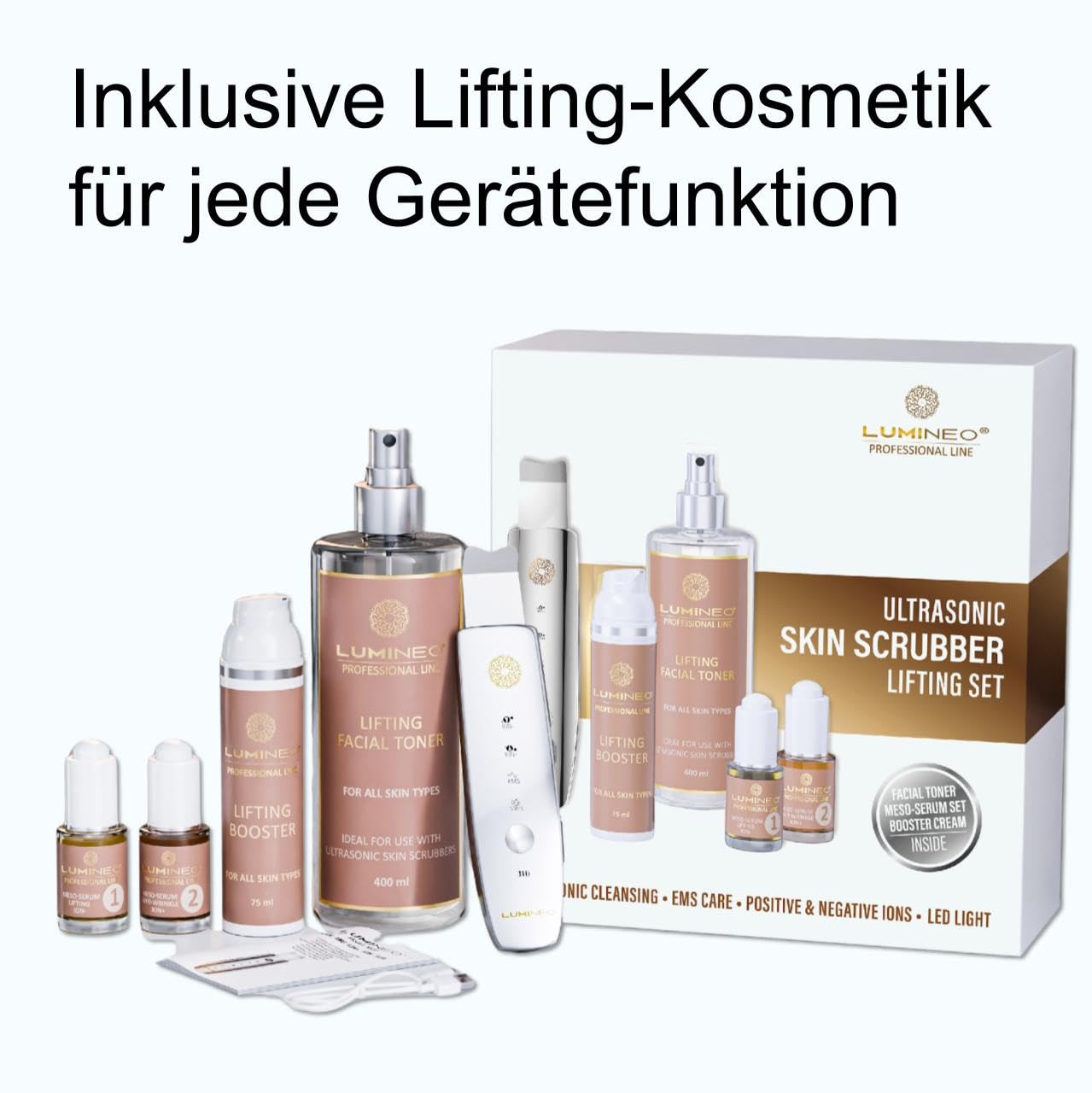 LUMINEO Lifting Ultraschallpeelinggerät 5 in 1, (ION- ION+), EMS, LED-Lichttherapie, Set mit professioneller Lifting-Kosmetik, Tiefenreinigung, Mitesser-Entfernung.