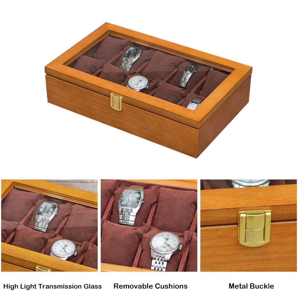 MUSUMI Caja de reloj de Madera Vitrina de almacenamiento de joyas Bandeja de pulsera con 10 almohadas de almacenamiento extraíbles, organizador de gemelos con cierre de Metal y vidrio Superior