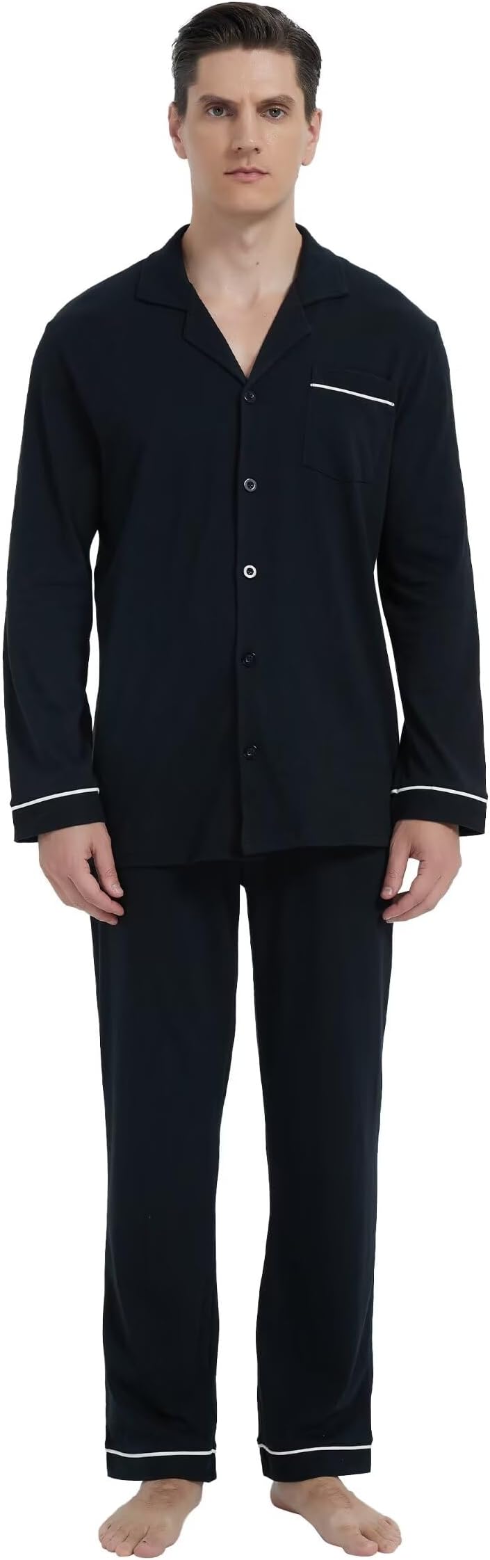 – Pyjama Set for Men Long Sleeve Sleepwear Notch Collar Button Down Nightwear Soft Pjs Lounge Set
