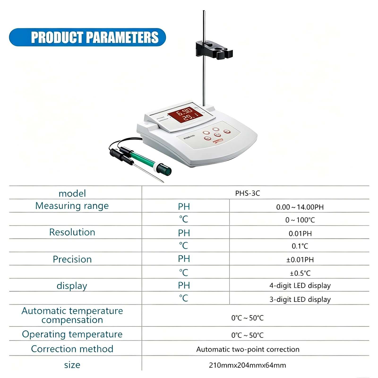 Medidor de pH de escritorio, probador de acidez de calibración automática, precisión de pH ± 0,01 con electrodos de pH/temperatura, ATC, soporte, para pruebas ambientales y ecológicas