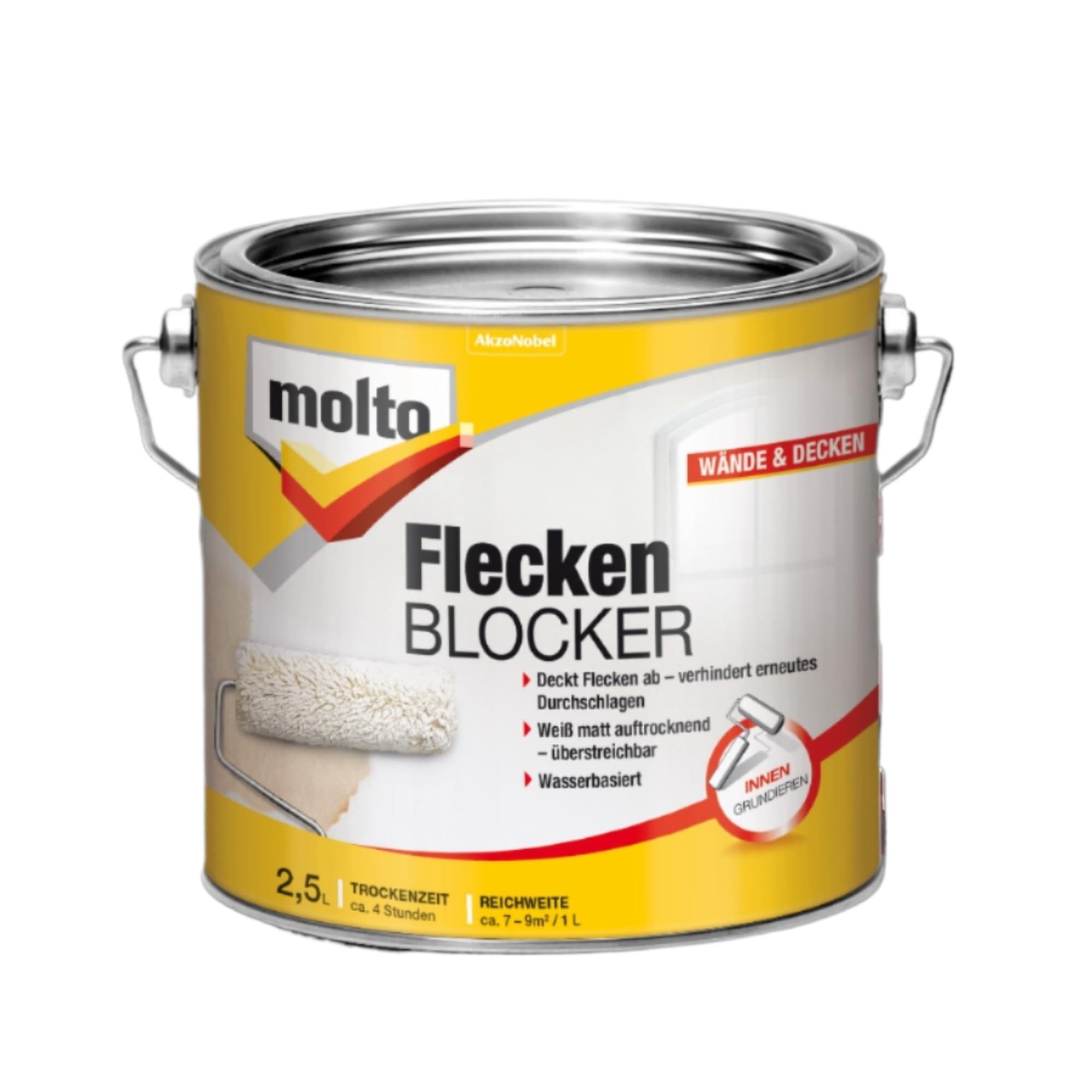 Molto Flecken Blocker, Zum dauerhaften Abdecken von Flecken an Decken und Wänden, Weiß, 2,5 l