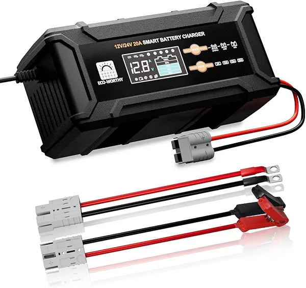ECO-Worthy 12V/24V 20A Smart Battery Charger Maintainer, Auto Voltage Detect for LiFePO4 Lead-Acid with Multi-Current Options 5A/10A/15A/20A, Trickle Charger for Car Truck Motorcycle Lawn Mo