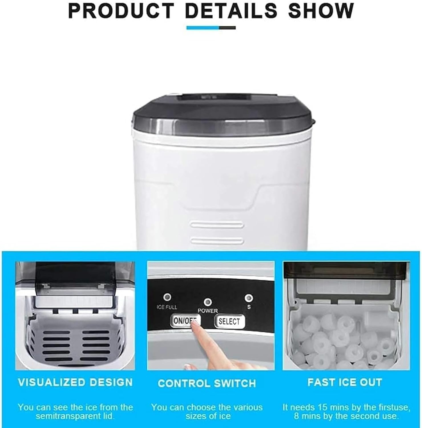 Ice Maker Machine Countertop,Portable Ice Cube Maker, Makes 33 Lbs Ice in 24 Hrs-Ice Cubes Ready in 8 Mins, Smart Tips, Electric Ice Making (White) (Black)