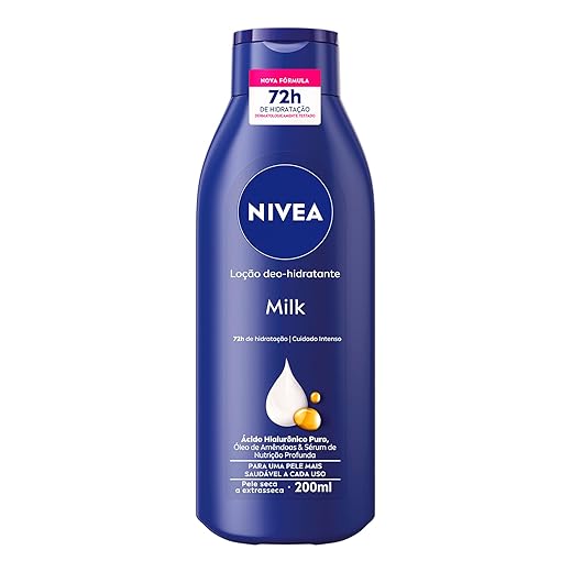 NIVEA Loção Deo-Hidratante Milk 200ml, Hidratação Profunda 72h, Corporal, Hialurônico Puro, Pele Seca e Extrasseca