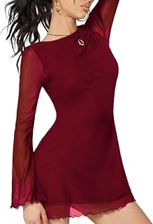 Milumia Women's Y2K Boat Neck Sheer Mesh Long Bell Sleeve Mini Dress - Club Night Out Party Short Dress 2026 Spring