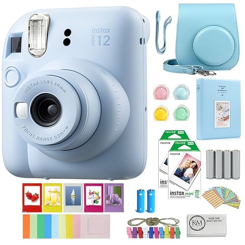 FUJIFILM INSTAX Mini 12 Instant Film Camera | Pastel Blue Bundled with INSTAX Mini Instant Film |40 Exposures + Instax Accessory Bundle + AA Batteries + Cleaning Cloth (10 Items) - Pastel Blue