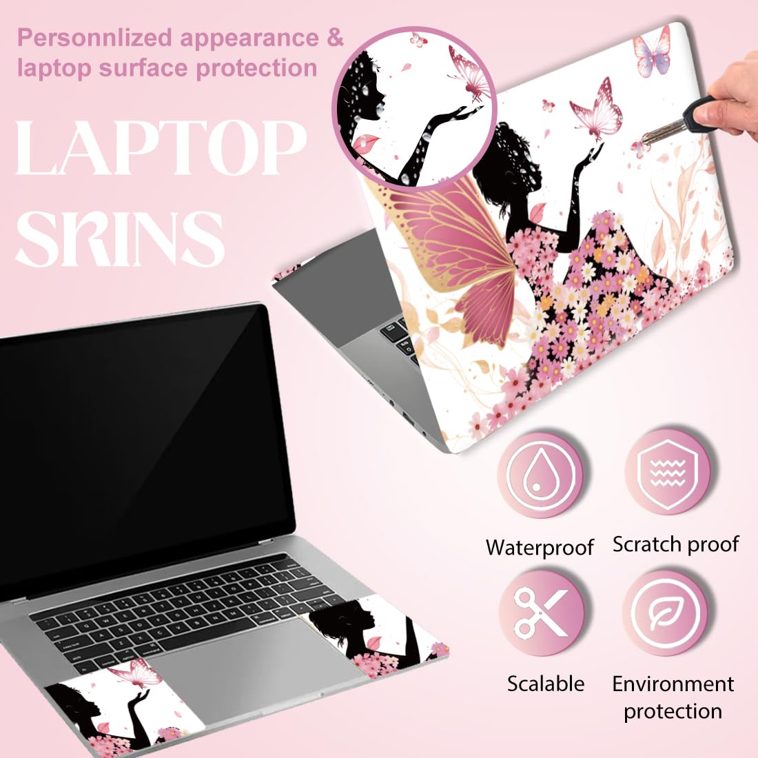 SUPERDANT Butterfly Girl Laptop Skin Decal Flowers Universal Laptops Skin Sticker Notebook Protector 12 13 13.3 14 15 15.4 15.6 Inches Vinyl Cover Removable Waterproof Personalized Art Decal - Image 3