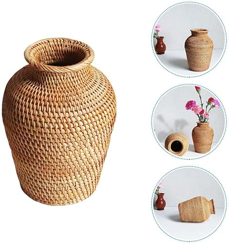 Miniatura 7 de IMIKEYA Jarrón de ratán rústico tejido estilo campestre para plantas, florero, cesta decorativa para flores, botella para decoración bohemia del