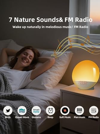 Wake up Light, Smart Sleep Alarm Clock for Kids Adults, Sunrise Sunset Simulation, 7 Natural Sound Machine,FM Radio, 7 Colors LED Night Light, Bedroom Decor Sleep Aid for Hard Sleepers, Bedside lamps