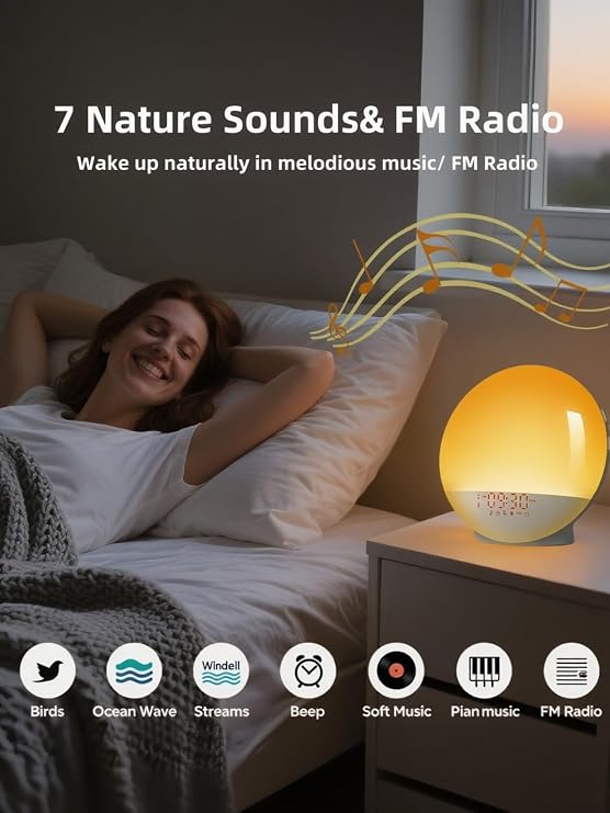 Wake up Light, Smart Sleep Alarm Clock for Kids Adults, Sunrise Sunset Simulation, 7 Natural Sound Machine,FM Radio, 7 Colors LED Night Light, Bedroom Decor Sleep Aid for Hard Sleepers, Bedside lamps