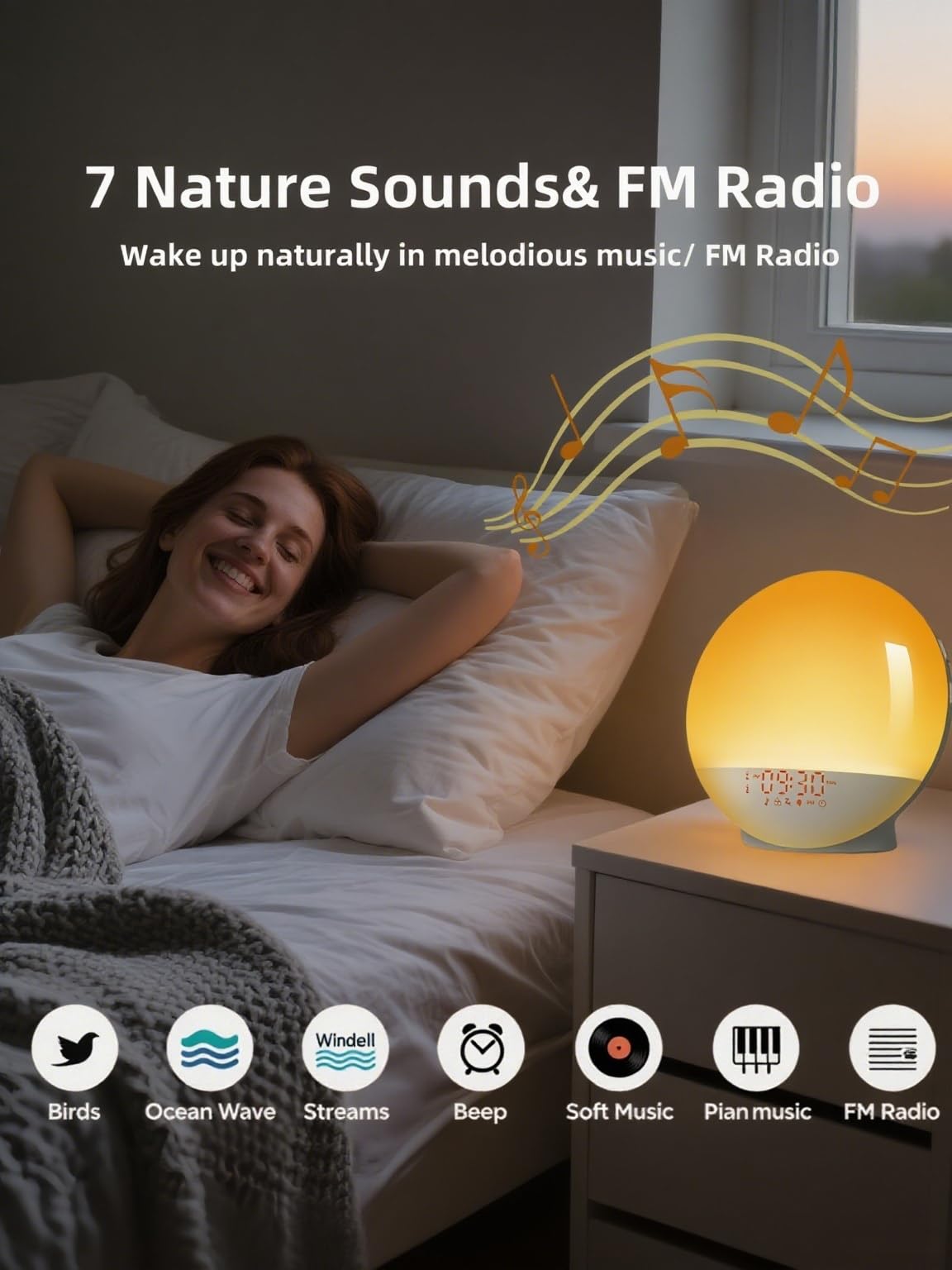 Tuerthy Reveil Lumineux, Réveil Intelligent pour Enfants Adultes, Reveil Matin Simulateur d'Aube et Crépuscule, Snooze,7 Sons Naturels, FM Radio Réveil, Veilleuse LED 7 Couleurs, Lampe de Chevet