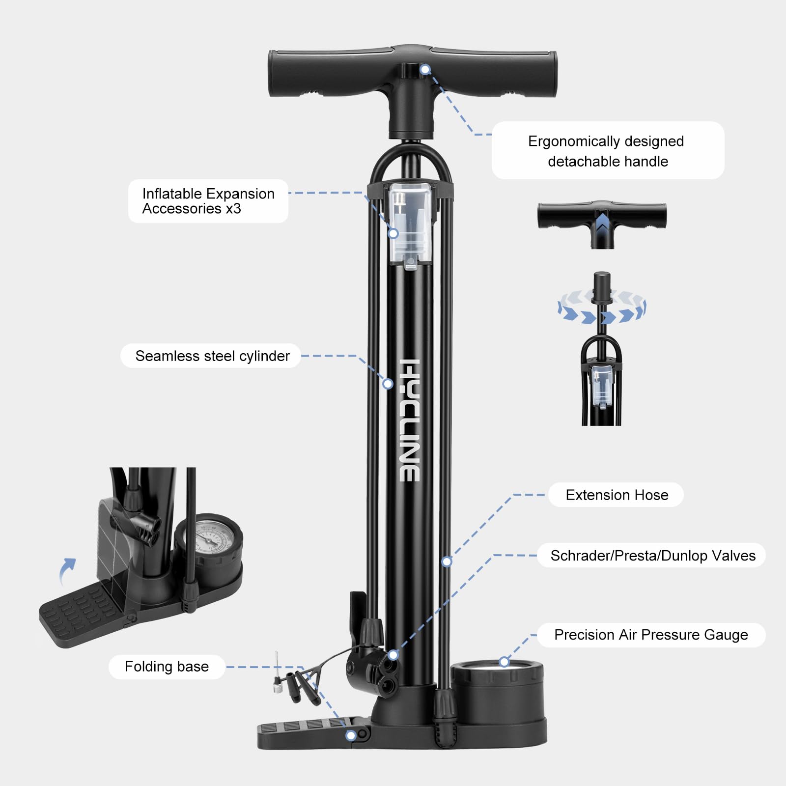 Hycline Bike Pump with Gauge: 160 PSI Bicycle Floor Pump - High Pressure Air Pumps with Schrader & Presta Valve for Road MTB Tires, Balls, Inflatables