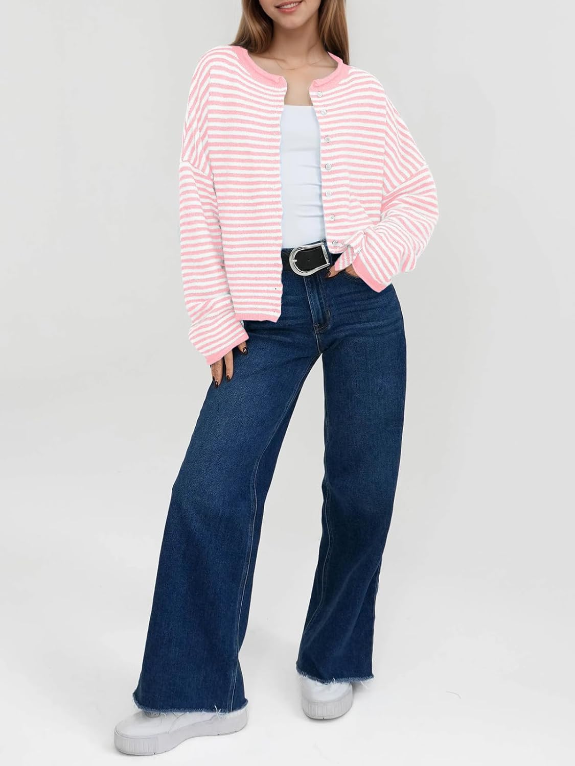 Saodimallsu Womens Striped Cardigan Casual Long Sleeve Open Front Button Down Loose Knit Lightweight Fall Sweaters - Image 4