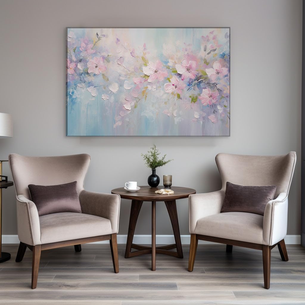 Canvas for Living room. Bloom and Brushwork: Masterful Abstract Oil Painting of Pink Florals Against a Serene Blue Gradient, 27 x 18 inch Canvas Wall Art - Modern Home Decor