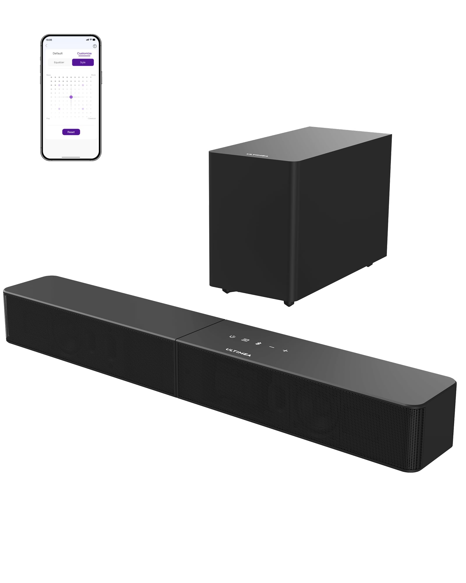 ULTIMEA 2.1 Canali Soundbar, 240W Sound Bar con Subwoofer Wireless, VoiceMX e BassMX, App Controllo, Bassi Regolabili, HDMI, Ottico, Bluetooth 6.0, Poseidon M30