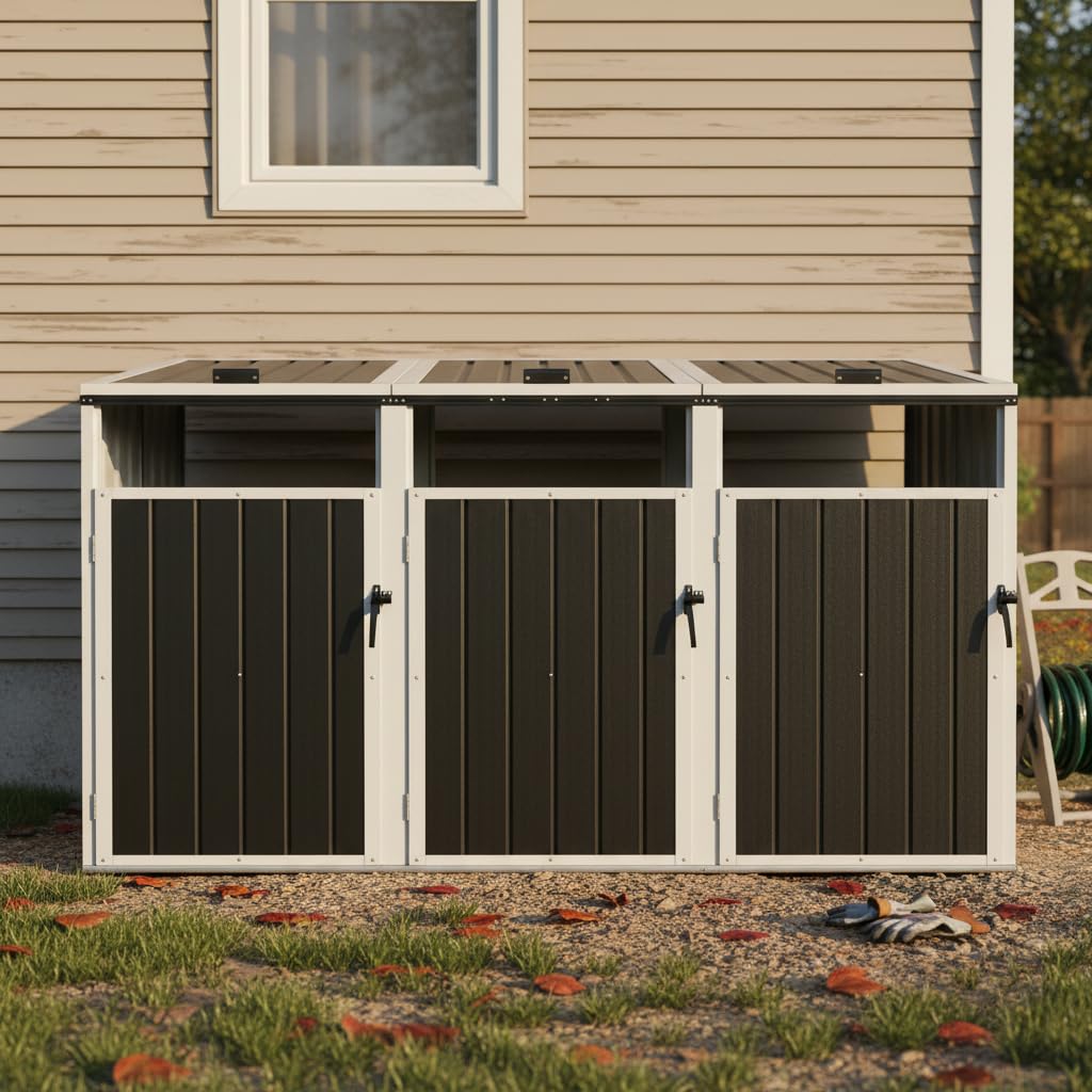 3er Mülltonnenbox aus Metall, Abschließbarer Mülltonnenunterstand für 240L Mülltonnen, Wetterfestes Mülltonnen-Schutzdach für Garten & Hof (Gray, 222×82×121 cm)