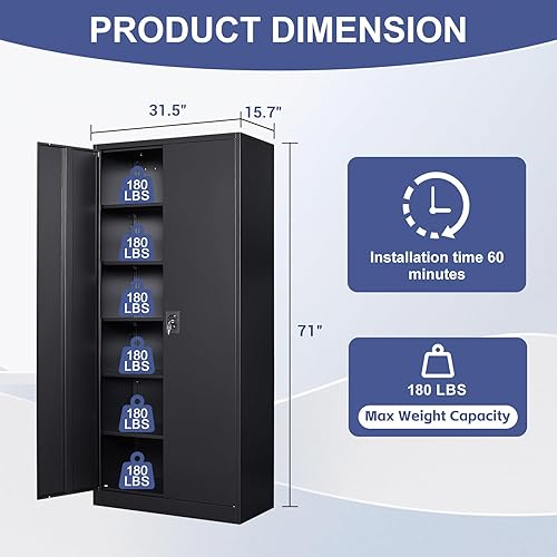 Miniatura 3 de LISSIMO Armario de almacenamiento de metal con cerradura, armario de garaje con cerradura con 2 puertas y 5 estantes ajustables, armarios altos de